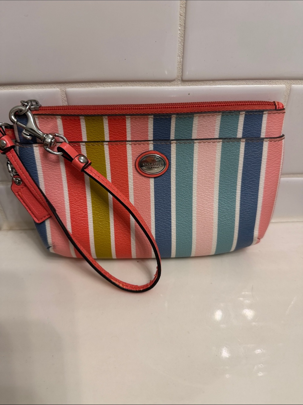 Coach Multicolor Striped Wristlet - Pink, Blue, Coral, Olive